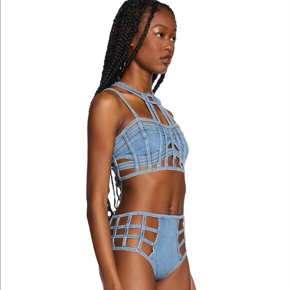 Dolls Kill Club Exx Deviant Treasure Bustier Top & Booty Shorts Set (Denim) - Picture 6 of 10